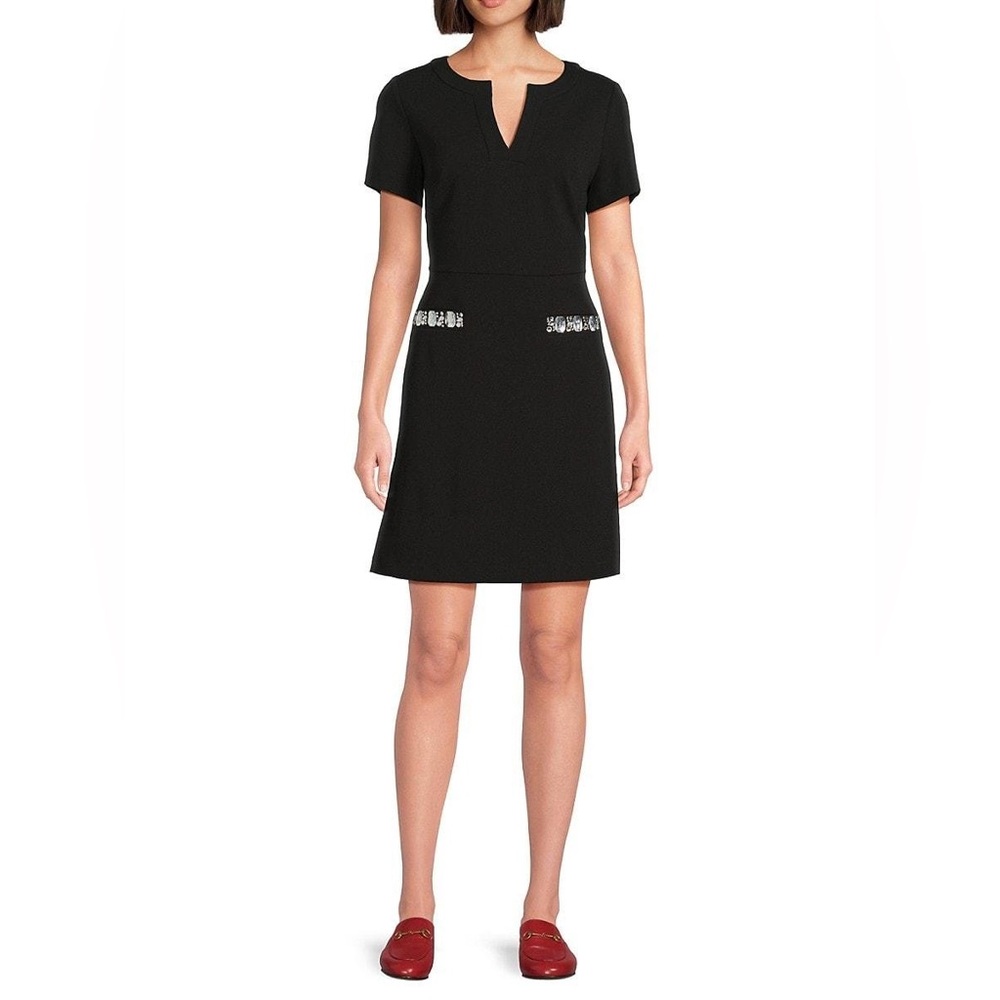 Tommy Hilfiger Black Split Neck Crystal Embellished Short Sleeve Mini 6 NWT